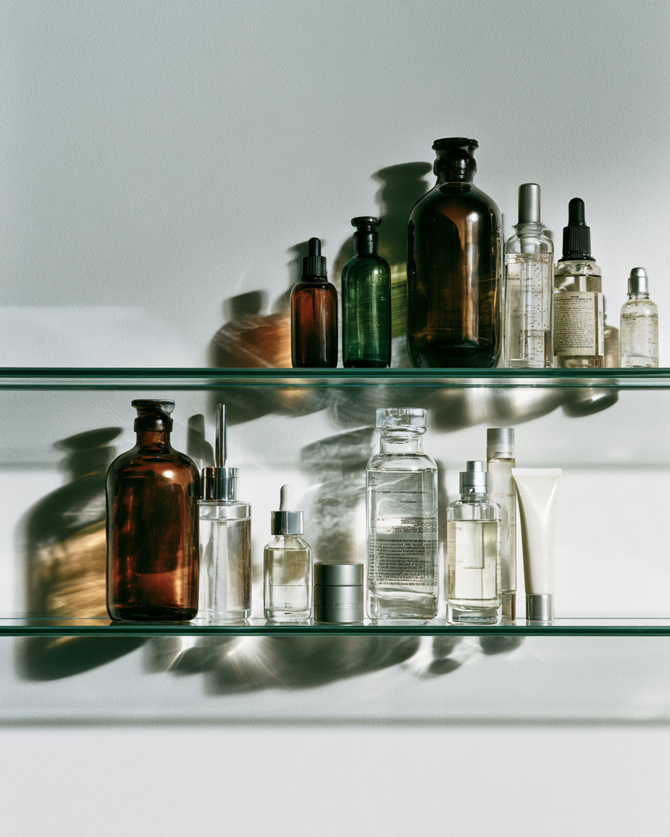 Minimalist still life of supplement and skincare products on glass shelves