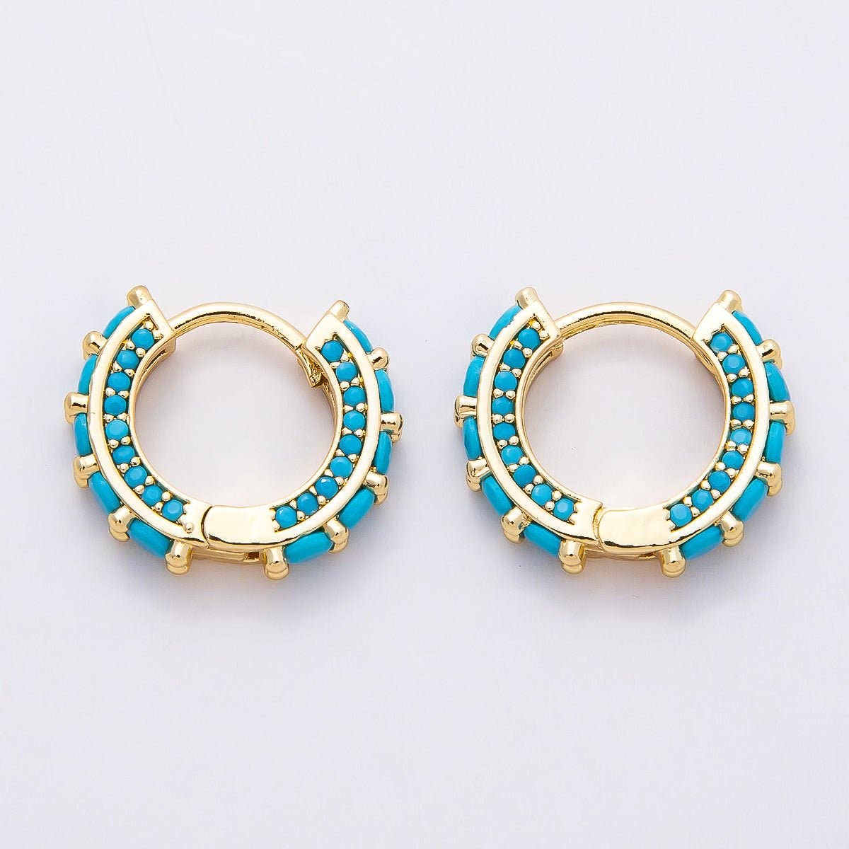 16K Gold Filled 15mm Turquoise Micro Paved Round Huggie Earrings | Earrings-00367