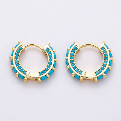 16K Gold Filled 15mm Turquoise Micro Paved Round Huggie Earrings | Earrings-00367