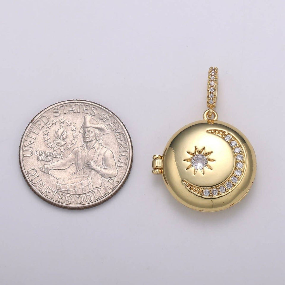 14K Gold Filled Crescent Moon Locket Starry Night Locket Pendant, Moon Star CZ Locket Charm Necklace Component Celestial Jewelry H-234