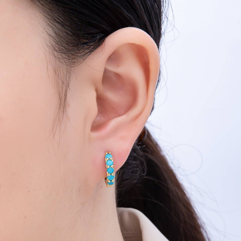 16K Gold Filled 15mm Turquoise Micro Paved Round Huggie Earrings | Earrings-00367