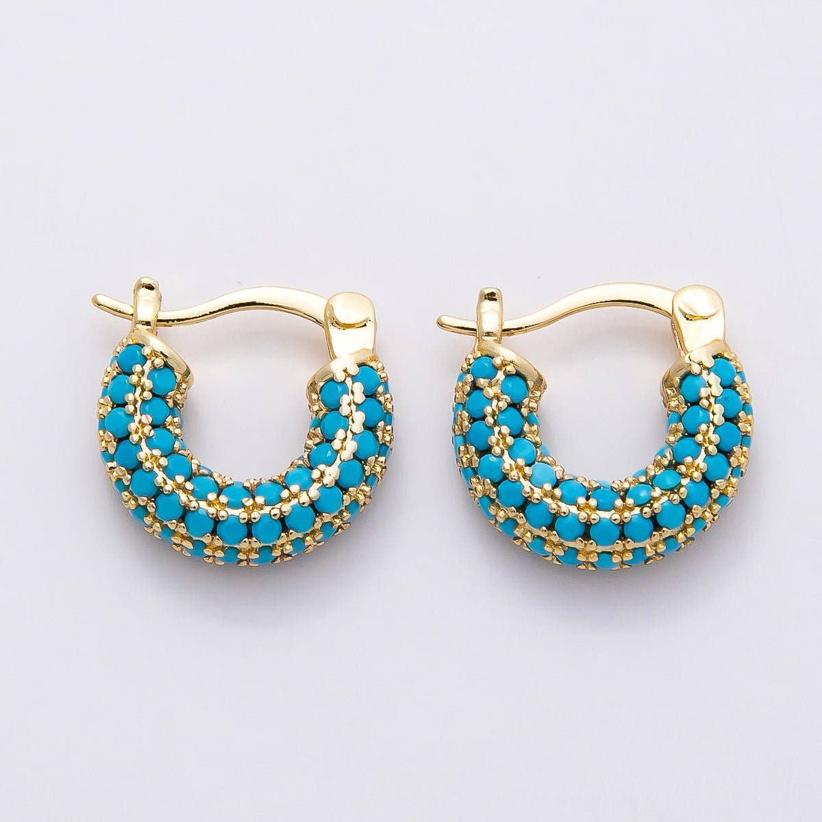 16K Gold Filled 14.5mm Turquoise Micro Paved CZ Chubby Latch Hoop Earrings | Earrings-00380