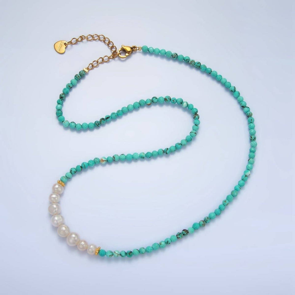 Stainless Steel Freshwater Pearl Turquoise Gemstone 16 Inch Necklace | WA-2650