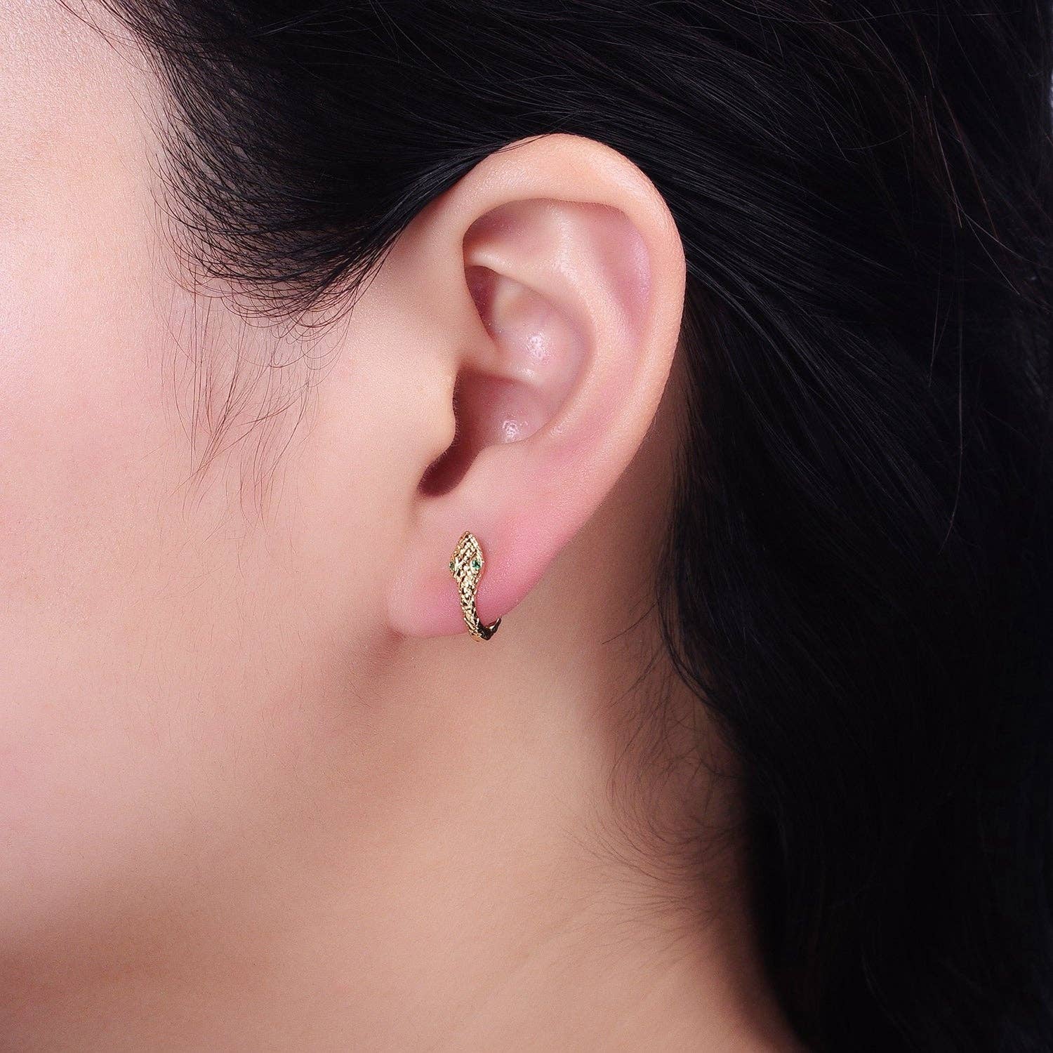 Green-Eyed Scaled Snake Serpent Cartilage Huggie Earrings