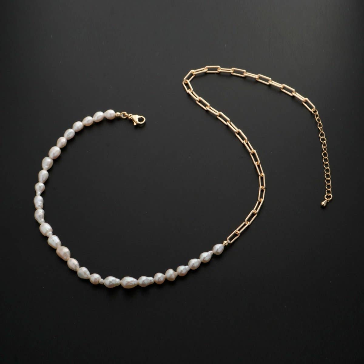 18k Gold Filled Freshwater Pearl Half Chain Necklace Paper Clip Link 16 inch + 2" extender Length Handmade Minimalist Jewelry | WA-331 Clearance Pricing