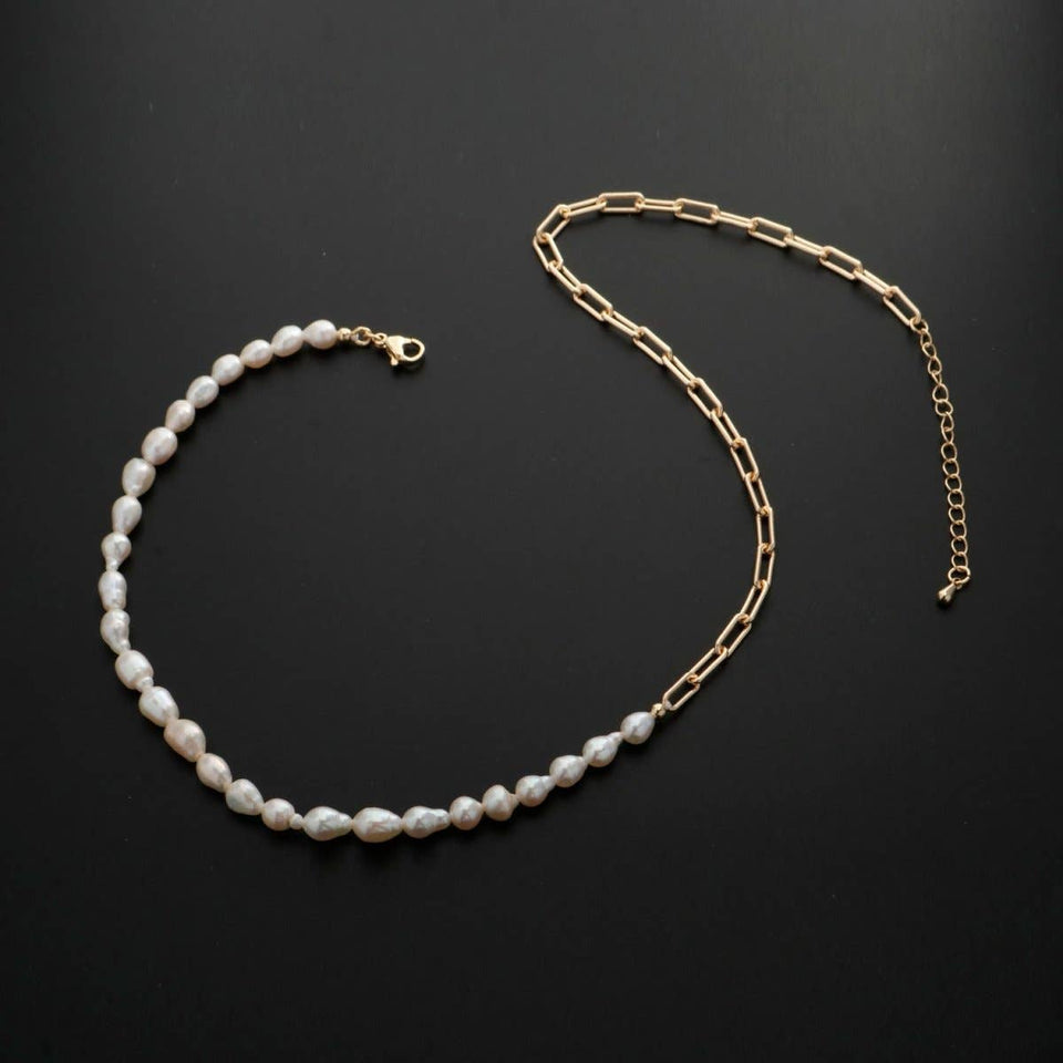 18k Gold Filled Freshwater Pearl Half Chain Necklace Paper Clip Link 16 inch + 2" extender Length Handmade Minimalist Jewelry | WA-331 Clearance Pricing