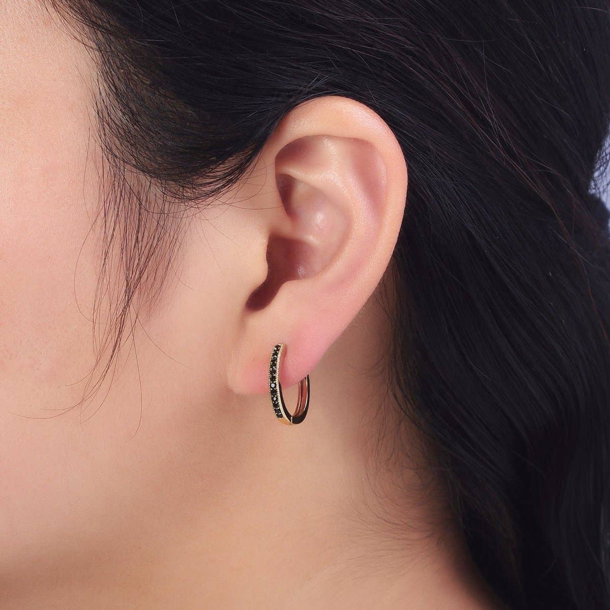 24K Gold Filled Green, Fuchsia, Black Micro Paved CZ Lined 16mm Huggie Earrings | AB297 AB298 AB299