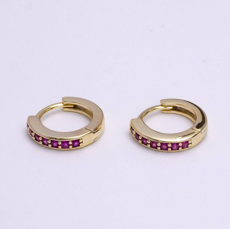 14K Gold Filled Fuchsia Micro Paved CZ Huggie Earrings AE580