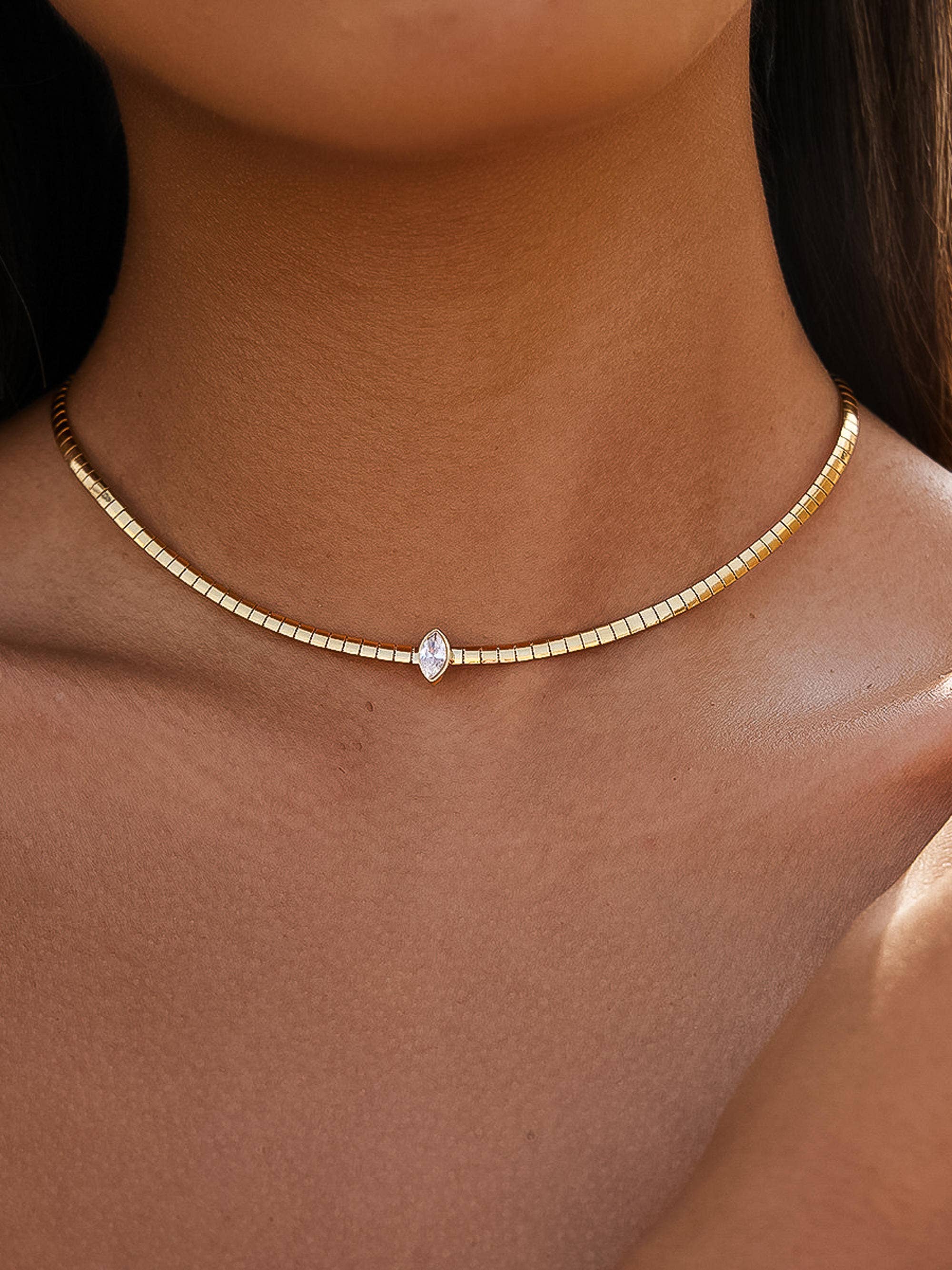 Wynter 18K Gold Non-Tarnish Marquise CZ Box Chain Choker