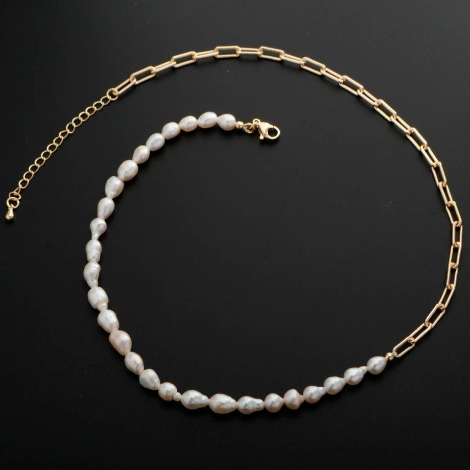 18k Gold Filled Freshwater Pearl Half Chain Necklace Paper Clip Link 16 inch + 2" extender Length Handmade Minimalist Jewelry | WA-331 Clearance Pricing