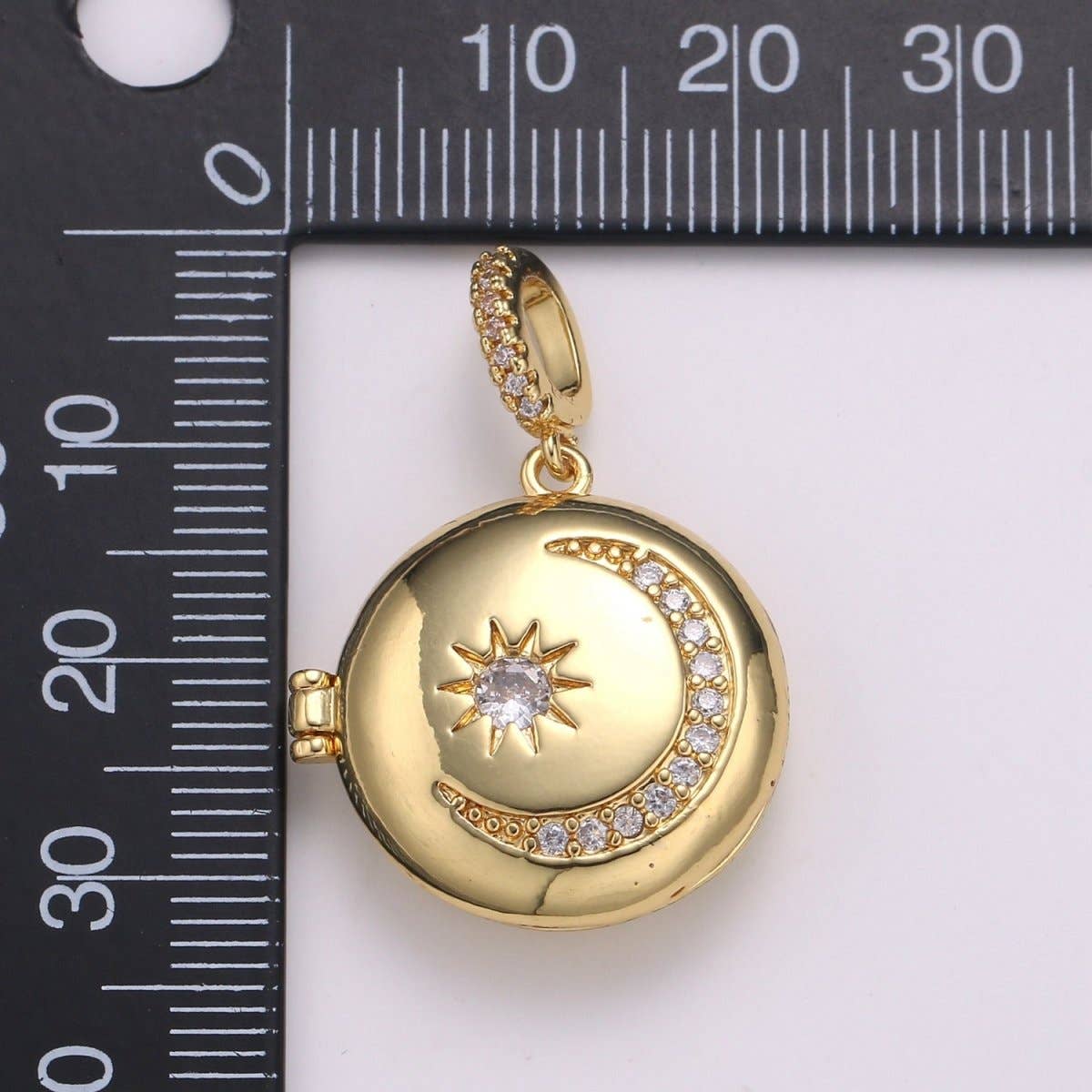 14K Gold Filled Crescent Moon Locket Starry Night Locket Pendant, Moon Star CZ Locket Charm Necklace Component Celestial Jewelry H-234