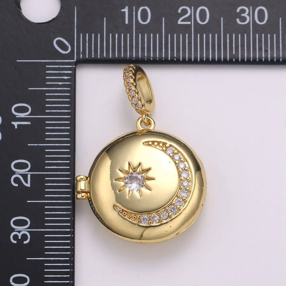 14K Gold Filled Crescent Moon Locket Starry Night Locket Pendant, Moon Star CZ Locket Charm Necklace Component Celestial Jewelry H-234