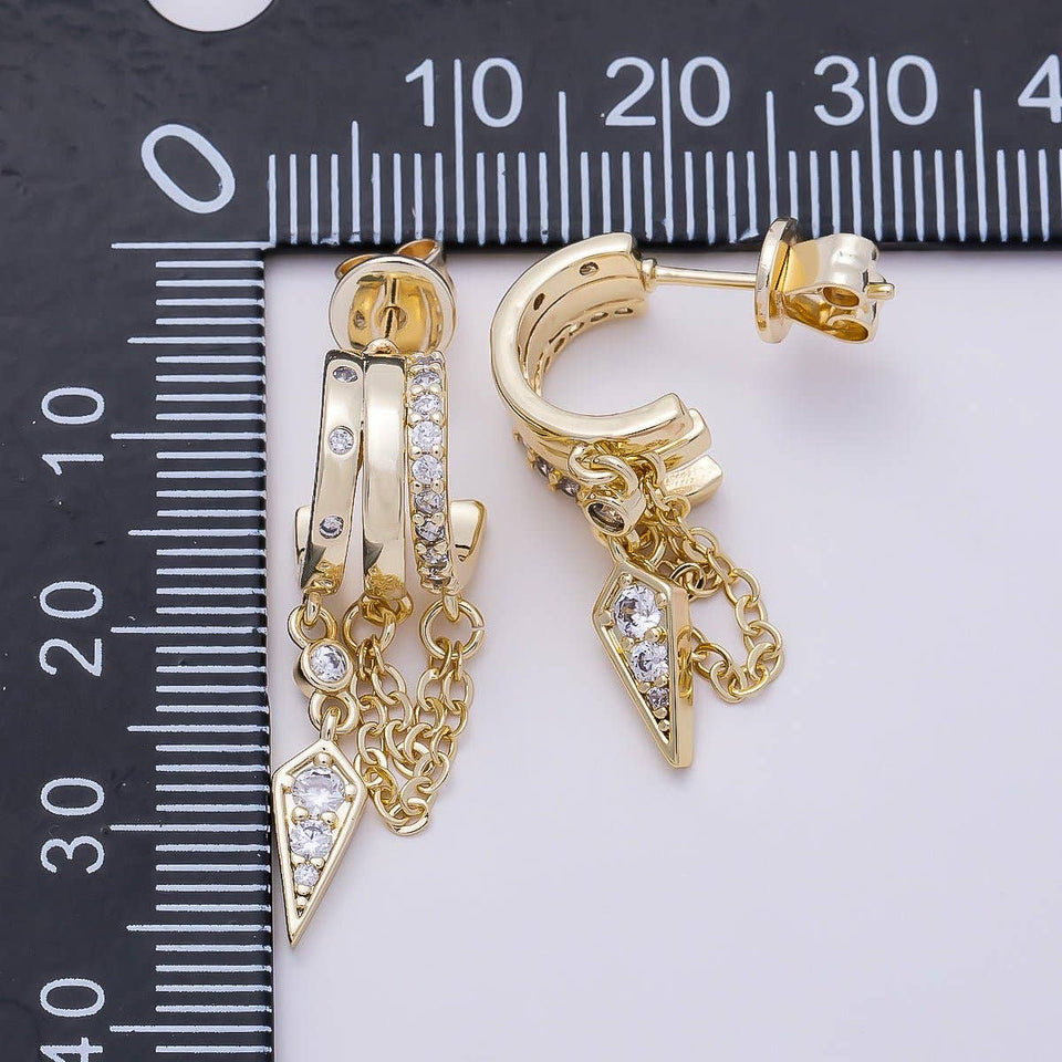 16K Gold Filled 29mm Clear Micro Paved CZ Spiked Chain Drop C-Shaped Hoop | Earrings-00688