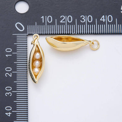 16K Gold Filled 24mm Shell Pearl Pea Pod 3D Multidimensional Charm | Charms-00956