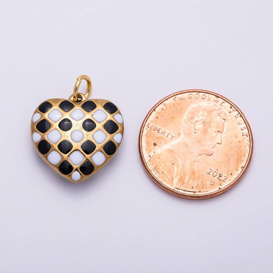 PVD Gold Stainless Steel 16mm Black & White Checkered Enamel Heart Charm | Charms-01428