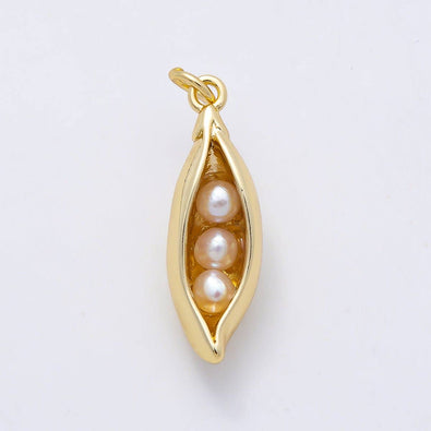16K Gold Filled 24mm Shell Pearl Pea Pod 3D Multidimensional Charm | Charms-00956