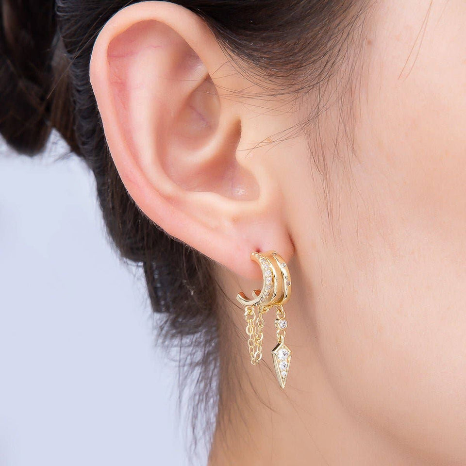 16K Gold Filled 29mm Clear Micro Paved CZ Spiked Chain Drop C-Shaped Hoop | Earrings-00688