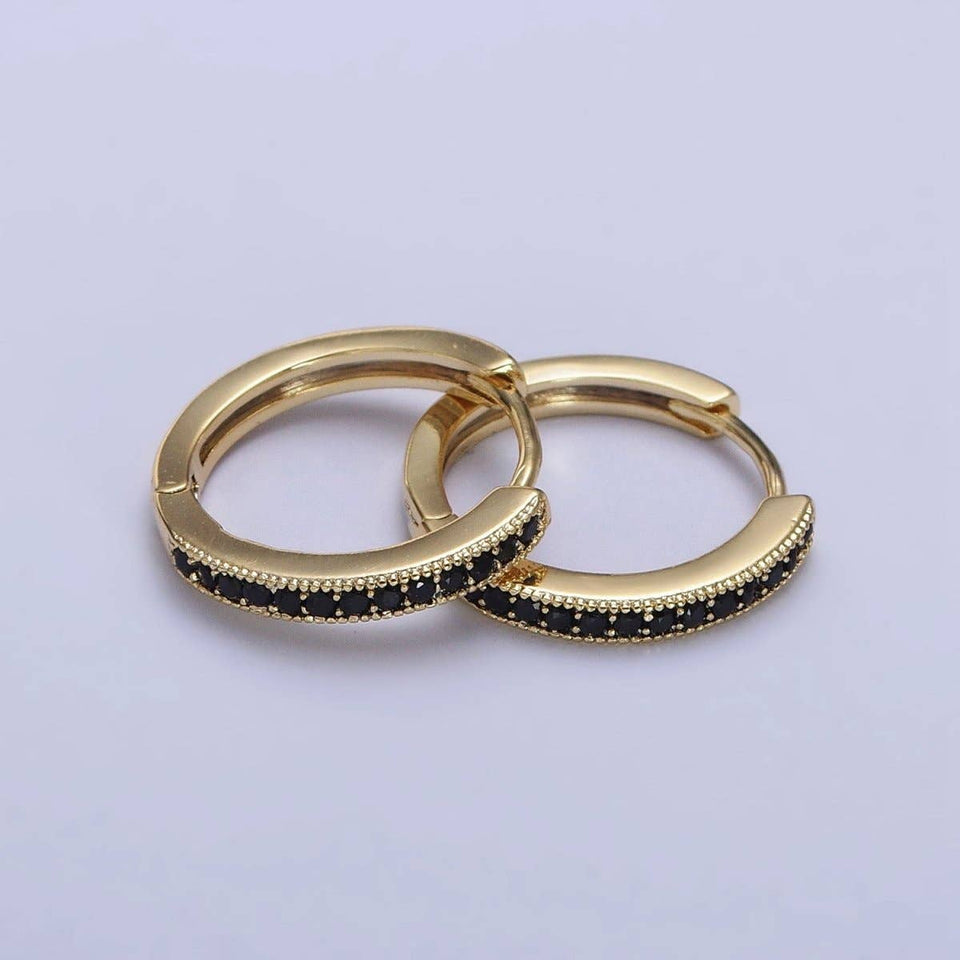 24K Gold Filled Green, Fuchsia, Black Micro Paved CZ Lined 16mm Huggie Earrings | AB297 AB298 AB299