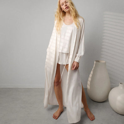 Long, Washable Mulberry Silk Long Robe in White