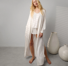 Long, Washable Mulberry Silk Long Robe in White