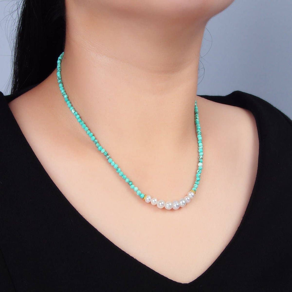 Stainless Steel Freshwater Pearl Turquoise Gemstone 16 Inch Necklace | WA-2650