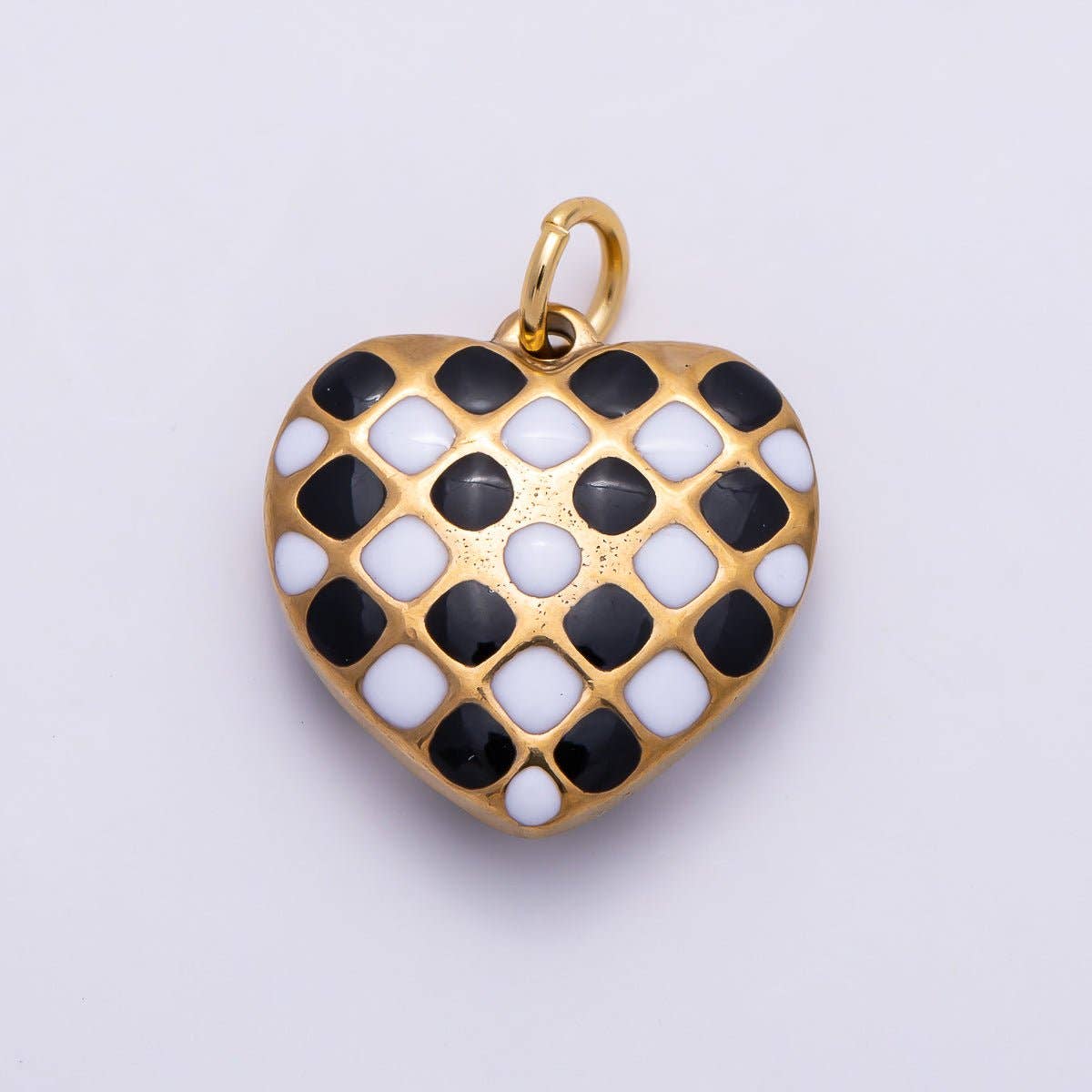 PVD Gold Stainless Steel 16mm Black & White Checkered Enamel Heart Charm | Charms-01428