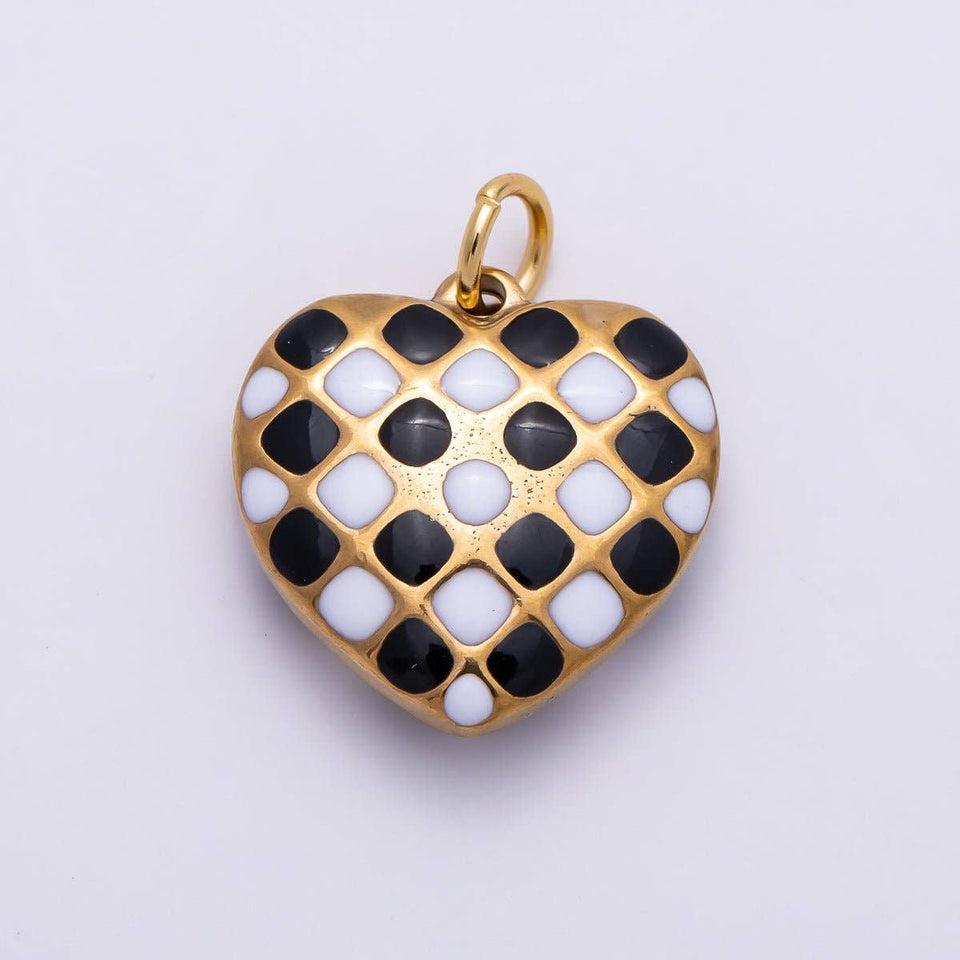 PVD Gold Stainless Steel 16mm Black & White Checkered Enamel Heart Charm | Charms-01428