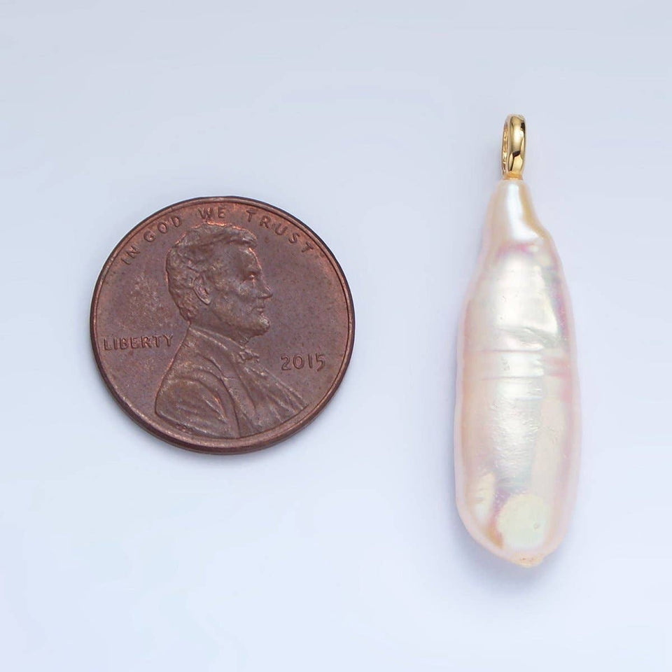 24K Gold Filled 30mm Freshwater Pearl Biwa Teardrop Charm | P1898