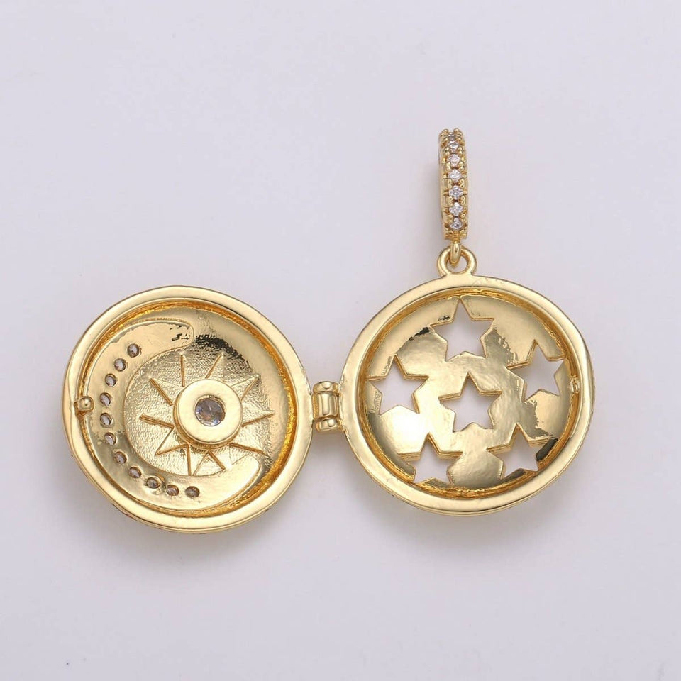 14K Gold Filled Crescent Moon Locket Starry Night Locket Pendant, Moon Star CZ Locket Charm Necklace Component Celestial Jewelry H-234