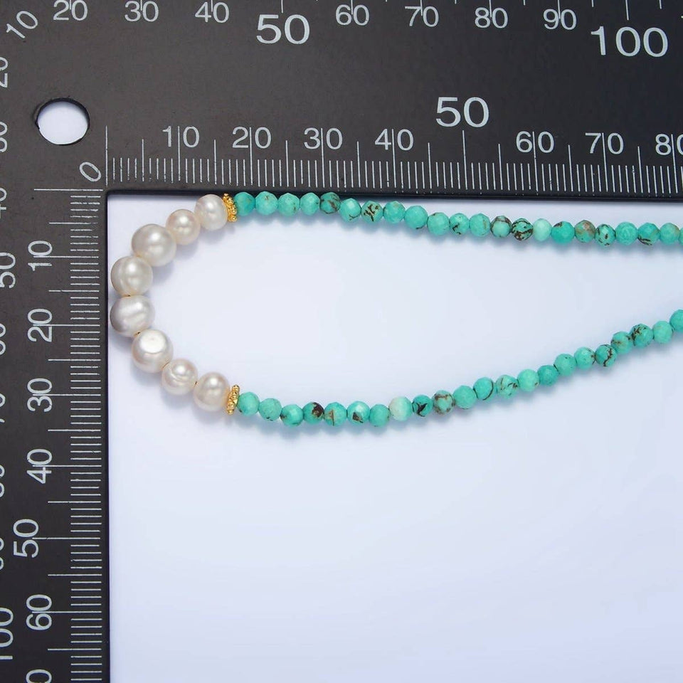 Stainless Steel Freshwater Pearl Turquoise Gemstone 16 Inch Necklace | WA-2650