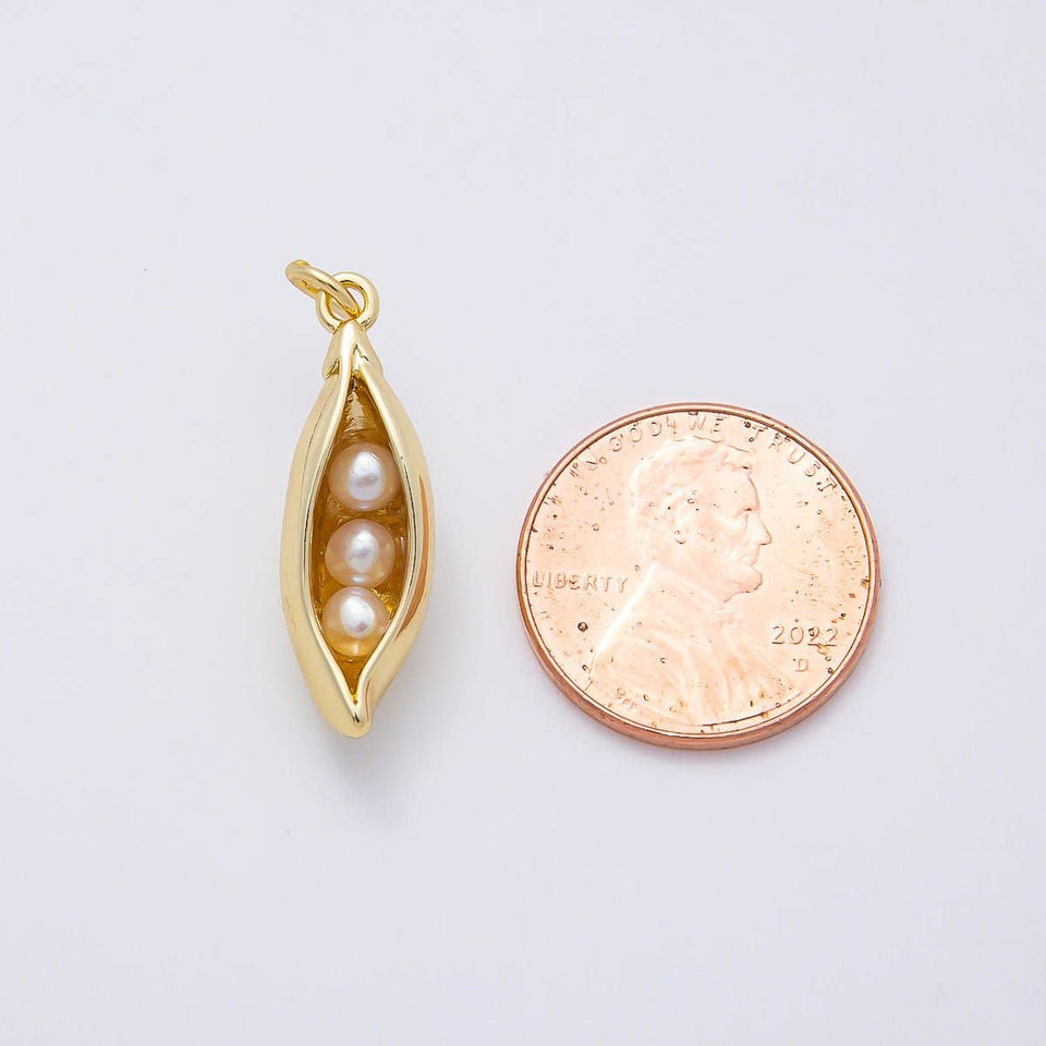 16K Gold Filled 24mm Shell Pearl Pea Pod 3D Multidimensional Charm | Charms-00956