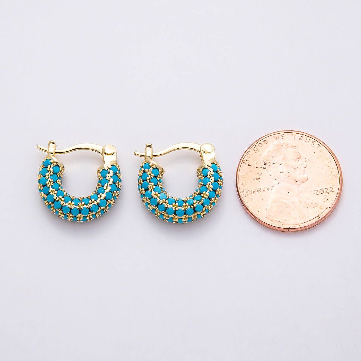 16K Gold Filled 14.5mm Turquoise Micro Paved CZ Chubby Latch Hoop Earrings | Earrings-00380