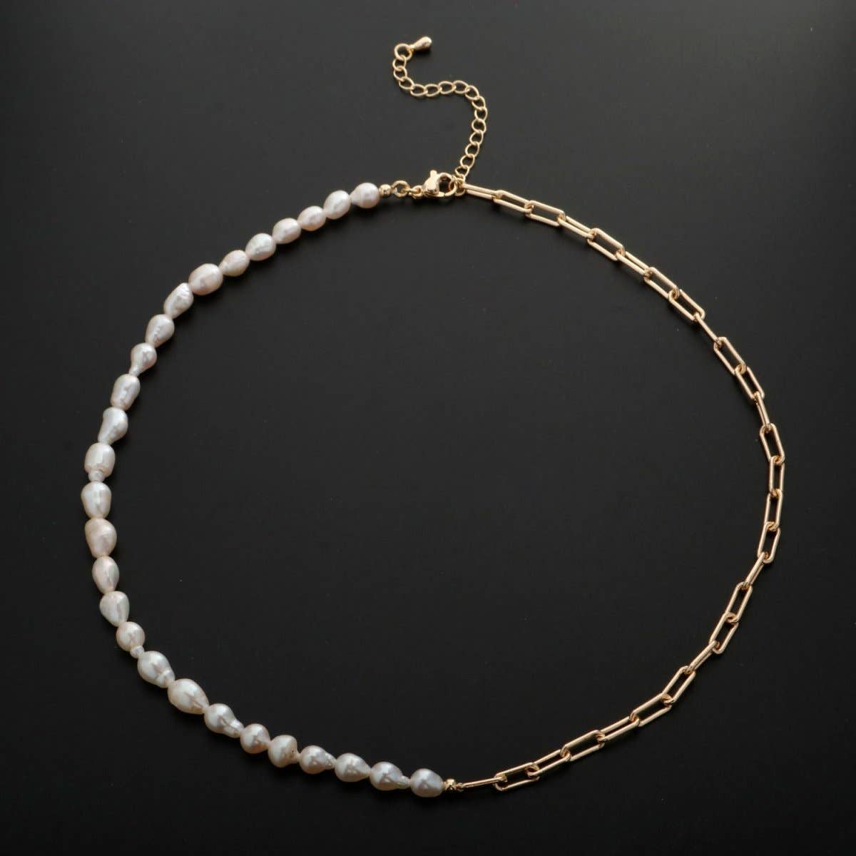 18k Gold Filled Freshwater Pearl Half Chain Necklace Paper Clip Link 16 inch + 2" extender Length Handmade Minimalist Jewelry | WA-331 Clearance Pricing