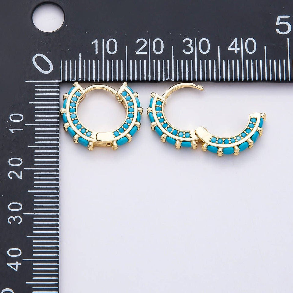 16K Gold Filled 15mm Turquoise Micro Paved Round Huggie Earrings | Earrings-00367