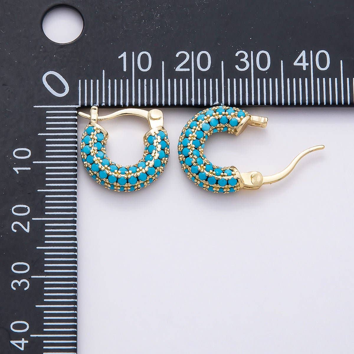 16K Gold Filled 14.5mm Turquoise Micro Paved CZ Chubby Latch Hoop Earrings | Earrings-00380