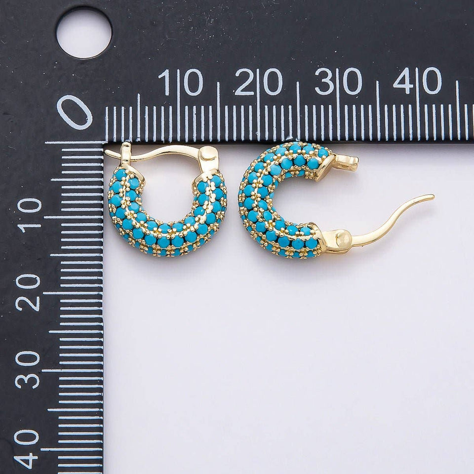 16K Gold Filled 14.5mm Turquoise Micro Paved CZ Chubby Latch Hoop Earrings | Earrings-00380