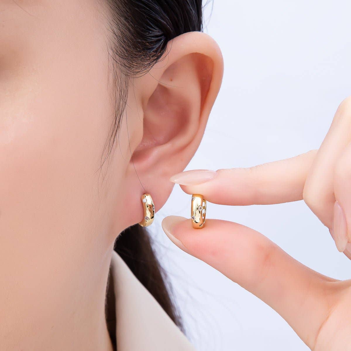 16K Gold Filled 12mm Clear CZ Dotted Cartilage Huggie Earrings | Earrings-00341
