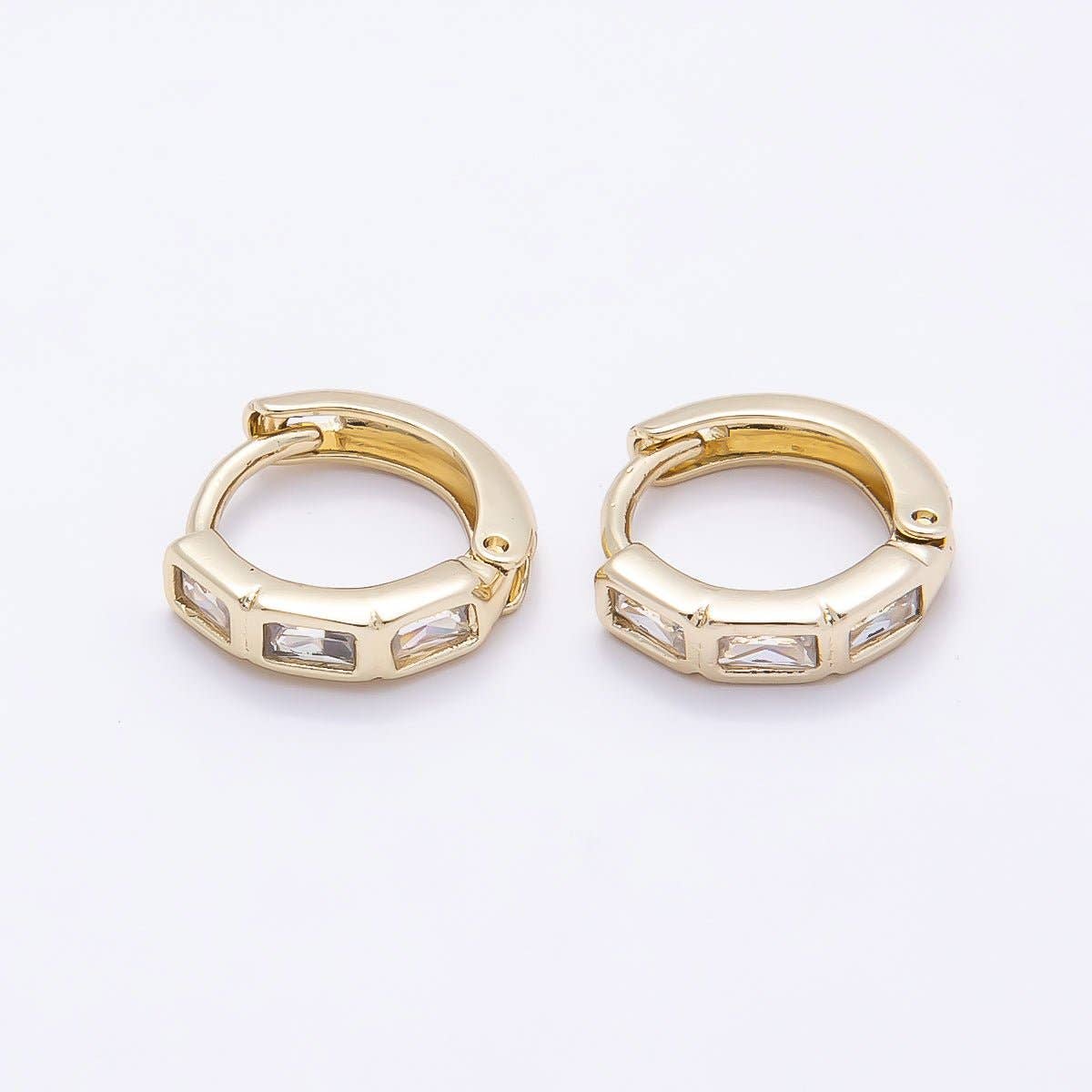 16K Gold Filled 11mm Triple Clear CZ Baguette Cartilage Huggie Earrings | Earrings-00439