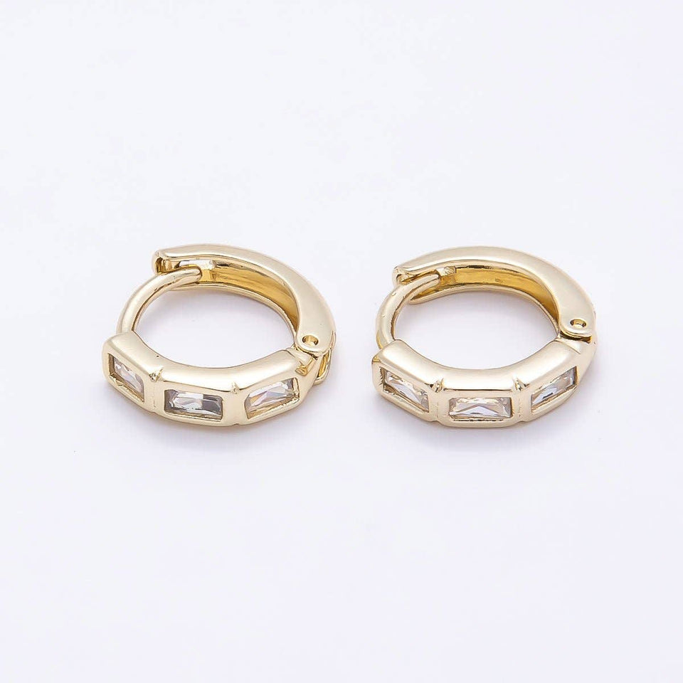 16K Gold Filled 11mm Triple Clear CZ Baguette Cartilage Huggie Earrings | Earrings-00439