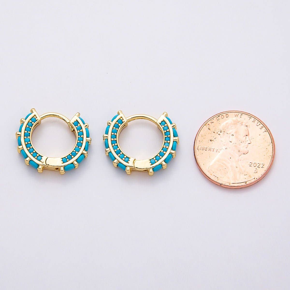 16K Gold Filled 15mm Turquoise Micro Paved Round Huggie Earrings | Earrings-00367