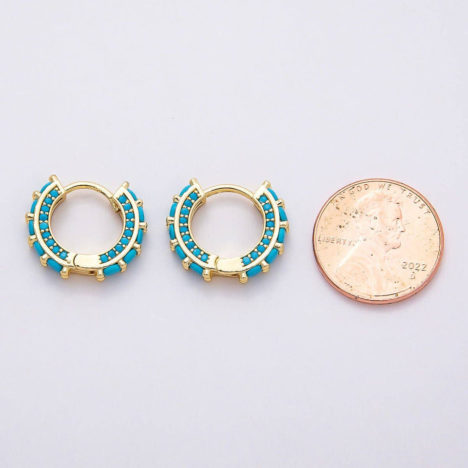 16K Gold Filled 15mm Turquoise Micro Paved Round Huggie Earrings | Earrings-00367